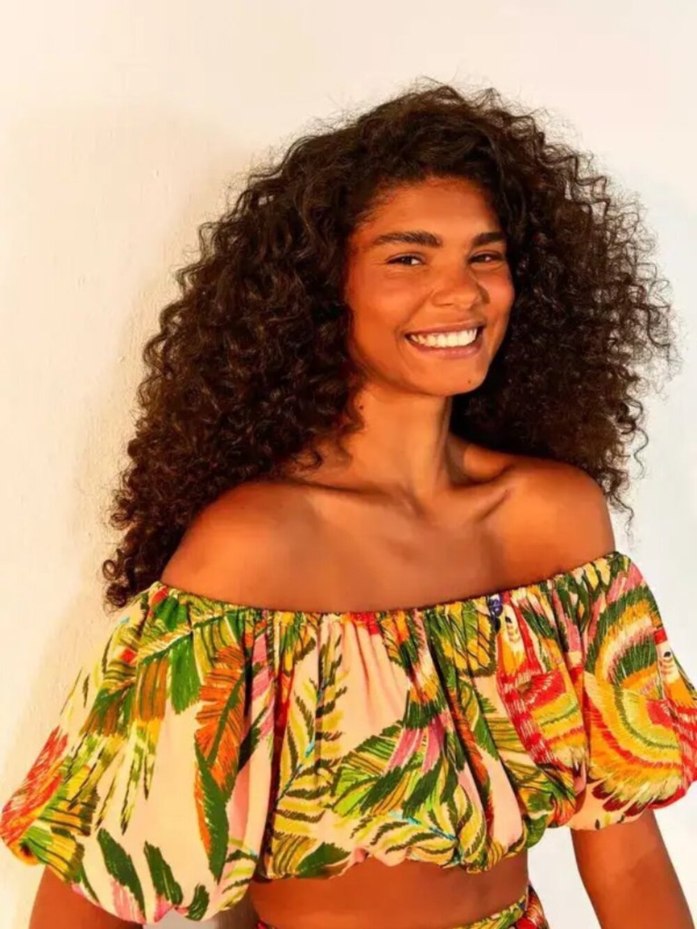 Macaw Leaves Off Shoulder Crop Top